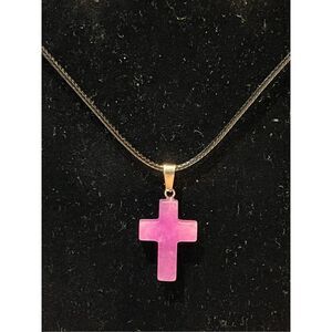 Purple Stone Cross on a Black Necklace Cord